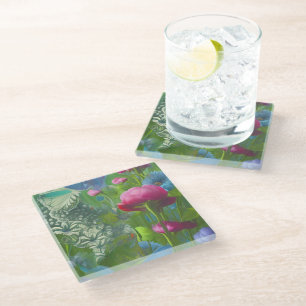 Muted pink, blue and White floral Glass Coaster