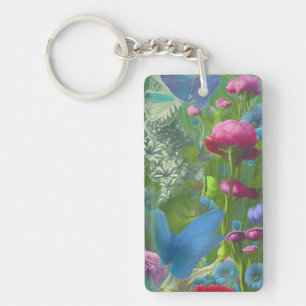Muted pink, blue and White floral    Key Ring