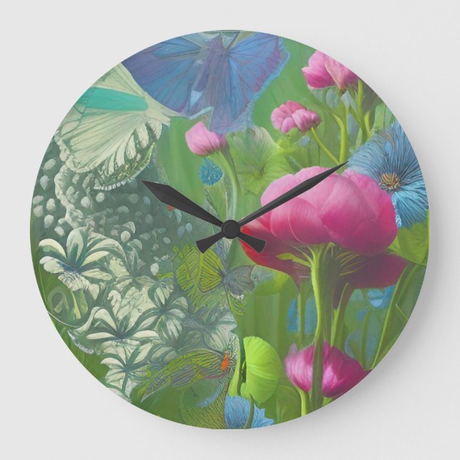Muted pink, blue and White floral   Large Clock (Front)