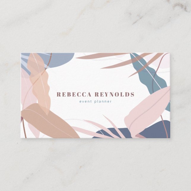Muted Pink & Blue Tropical Leaves Modern Business Card (Front)