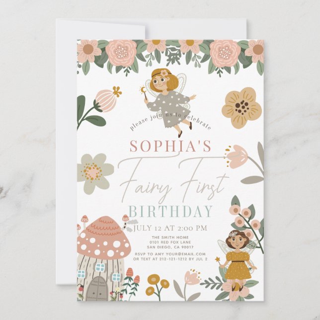 Muted Pink Floral Fairy First Birthday Invitation (Front)
