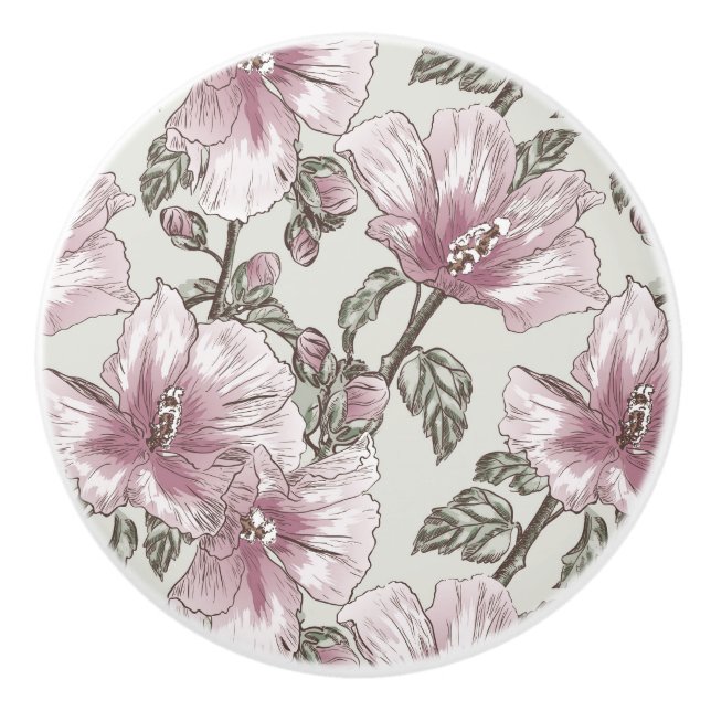Muted Pink Hibiscus Flowers Pattern Ceramic Knob (Front)