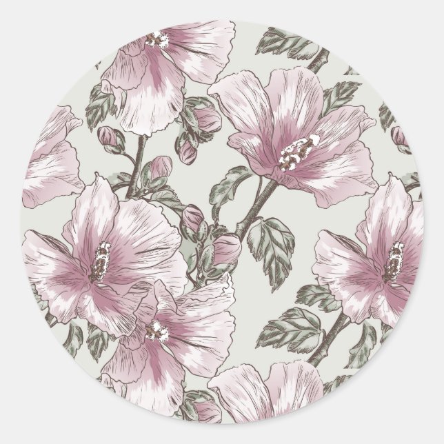 Muted Pink Hibiscus Flowers Pattern Classic Round Sticker (Front)