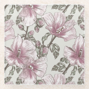 Muted Pink Hibiscus Flowers Pattern Glass Coaster