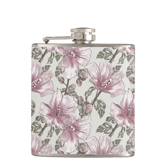 Muted Pink Hibiscus Flowers Pattern Hip Flask (Front)