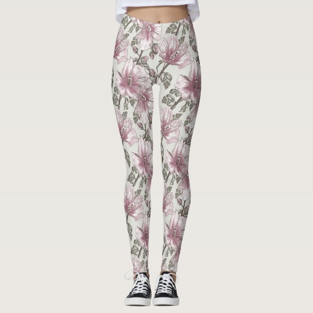 Muted Pink Hibiscus Flowers Pattern Leggings (Front)