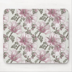 Muted Pink Hibiscus Flowers Pattern Mouse Pad