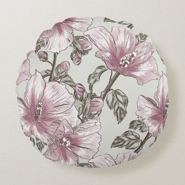 Muted Pink Hibiscus Flowers Pattern Round Cushion (Front)