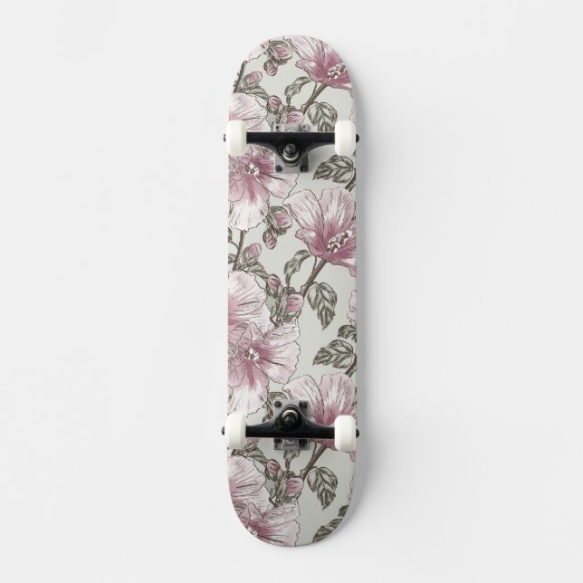 Muted Pink Hibiscus Flowers Pattern Skateboard (Front)