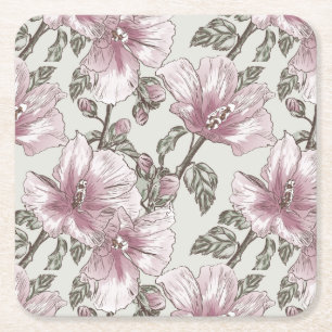Muted Pink Hibiscus Flowers Pattern Square Paper Coaster