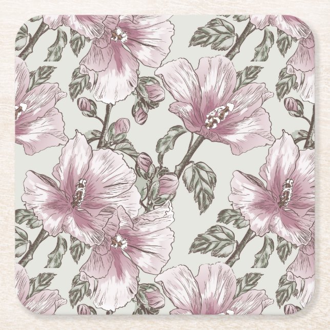 Muted Pink Hibiscus Flowers Pattern Square Paper Coaster (Front)