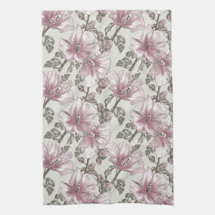 Muted Pink Hibiscus Flowers Pattern Tea Towel