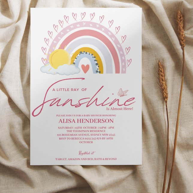 Muted Pink Ray of Sunshine Rainbow Baby Shower Inv Invitation (Creator Uploaded)