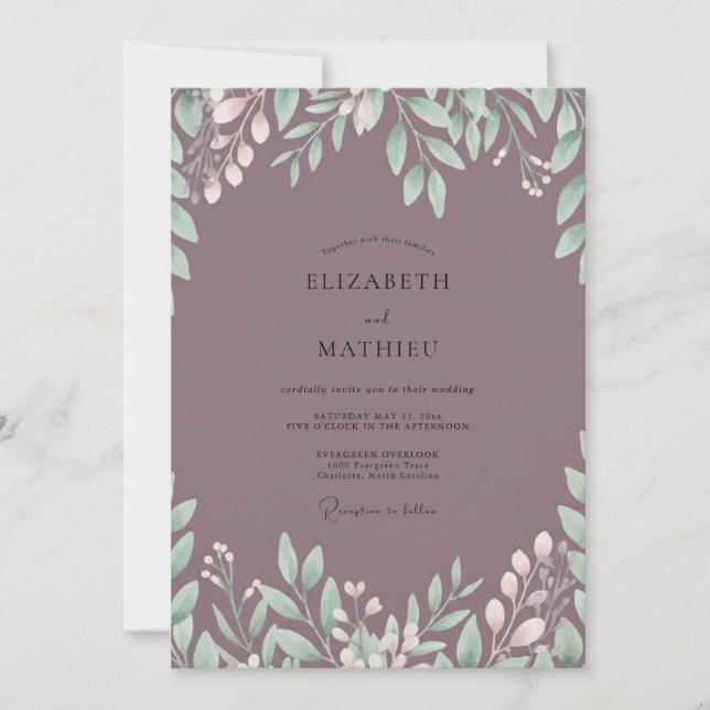 Muted Plum Foliage Eucalyptus Wedding Invitation (Front)