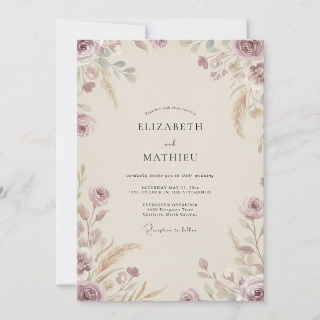 Muted Plum Leaf Wedding Invitation (Front)