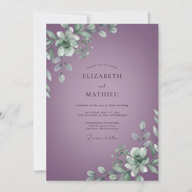 Muted Purple Leaf Wedding Invitation (Front)