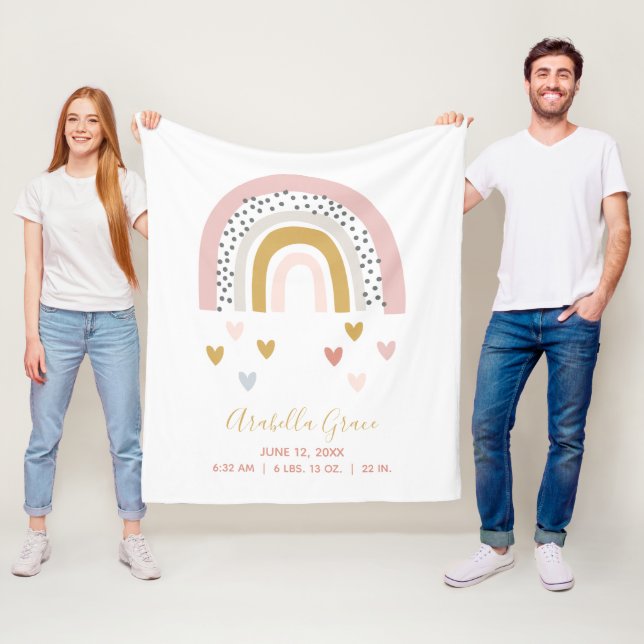 Muted Rainbow Baby Stats Trendy Birth Record Fleece Blanket (In Situ)