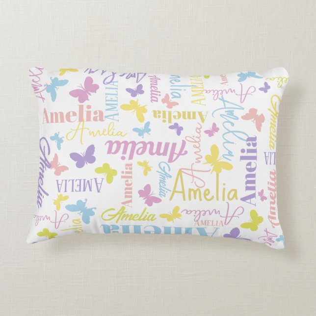 Muted rainbow butterflies custom name Amelia Decorative Cushion (Back)
