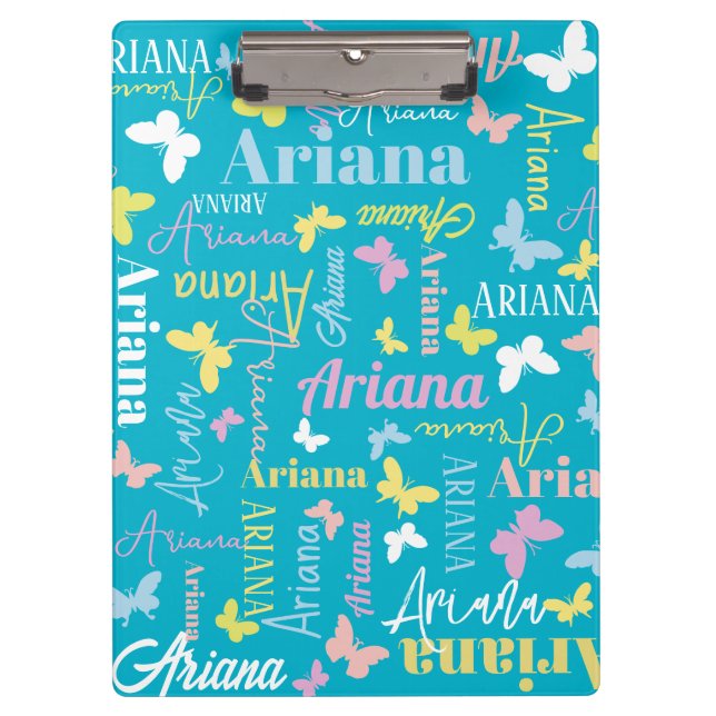 Muted rainbow butterfly custom name Ariana aqua Clipboard (Front)