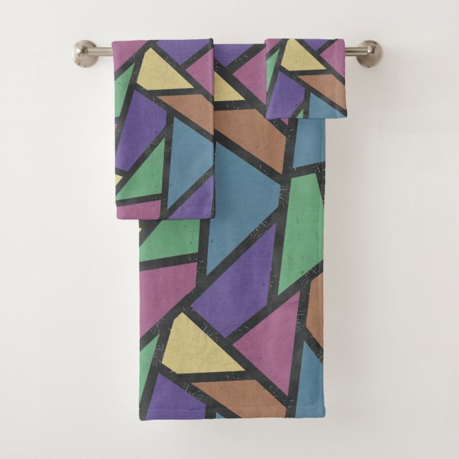 Muted rainbow colours mosaic pattern bath towel set (Insitu)