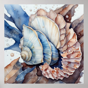 Muted Red and Blue Conch Shell Poster