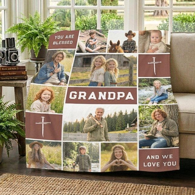Muted Red Grandpa Name 12 Photo Heirloom Fleece Blanket (Creator Uploaded)