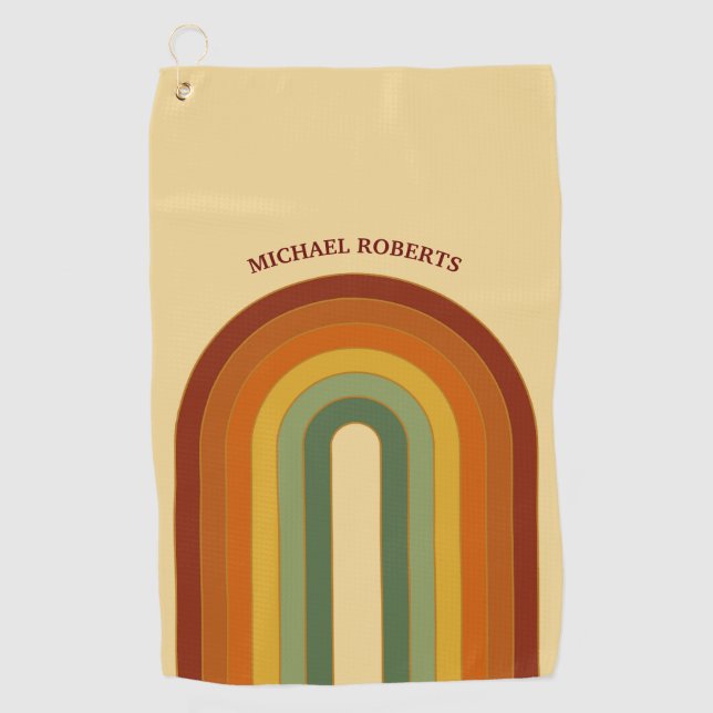 Muted Retro Layered Groovy Rainbow Name Golf Towel (Front)