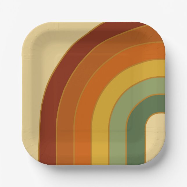 Muted Retro Layered Groovy Rainbow Square Paper Plate (Front)