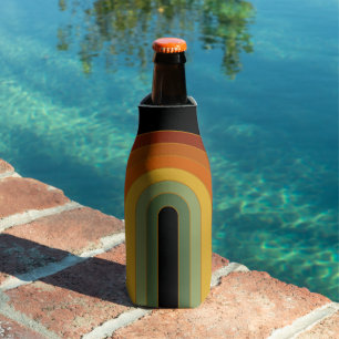 Muted Retro Seventies Groovy Layered Rainbow Black Bottle Cooler