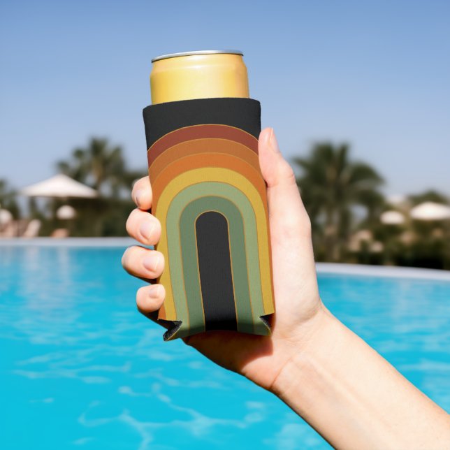 Muted Retro Seventies Groovy Rainbow Black Seltzer Can Cooler (In Situ Pool)