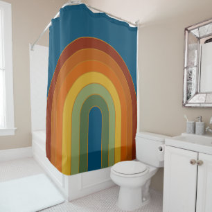 Muted Retro Seventies Rainbow Navy Blue Shower Curtain