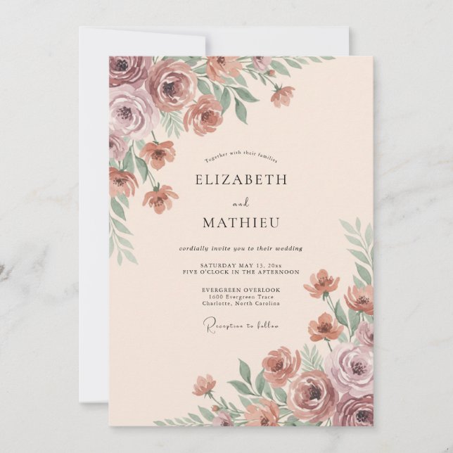 Muted Rose Floral Watercolor Wedding Invitation (Front)