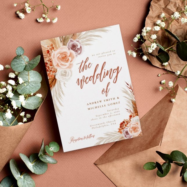 Muted Rose Pampas Terracotta Boho Photo Wedding Invitation (Creator Uploaded)