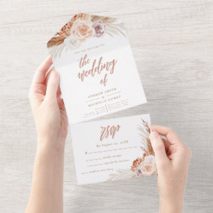 Muted Rose Pampas Terracotta Boho Wedding All In One Invitation