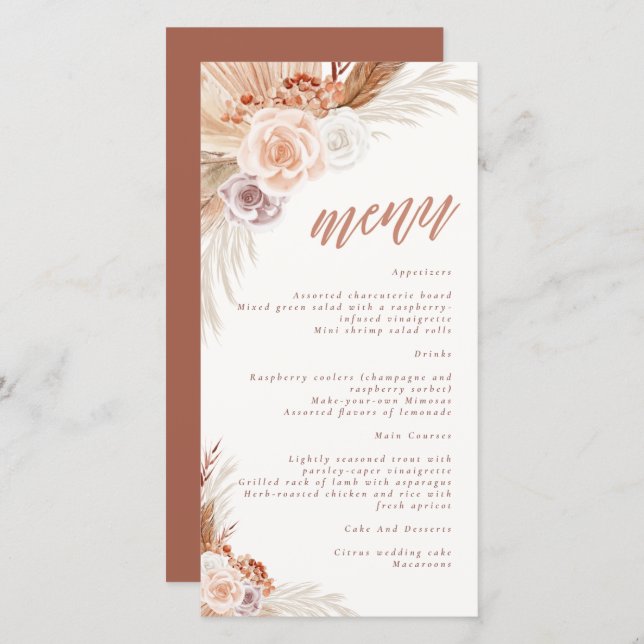 Muted Rose Pampas Terracotta Boho Wedding Menu (Front/Back)