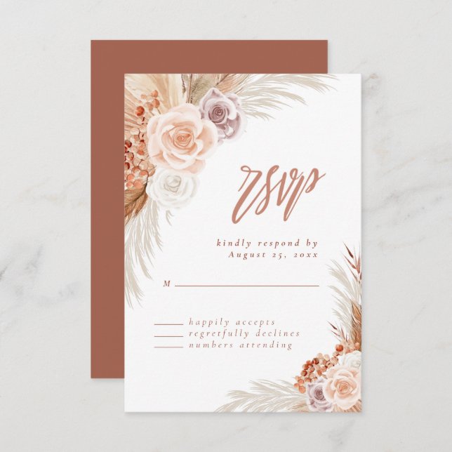Muted Rose Pampas Terracotta Boho Wedding RSVP Card (Front/Back)
