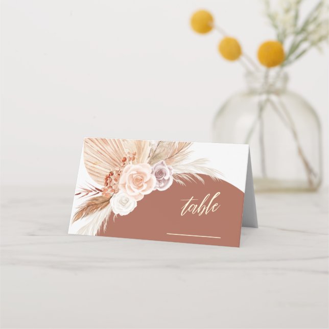 Muted Rose Pampas Terracotta Boho Wedding Table Place Card (Front)