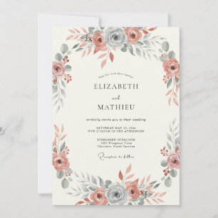 Muted Rose Slate Blue Botanical Wedding Invitation