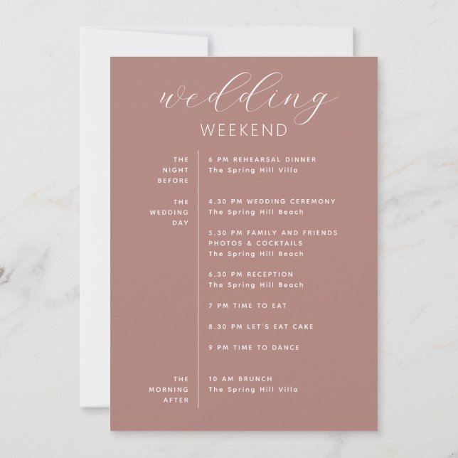 Muted Rosewood Wedding Weekend. Romantic Itinerary Invitation (Back)