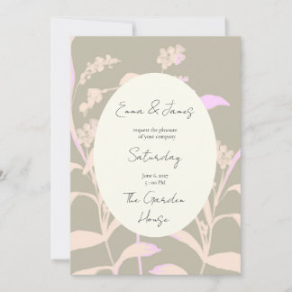 Muted rustic sage pastel pink floral vines leaves invitation
