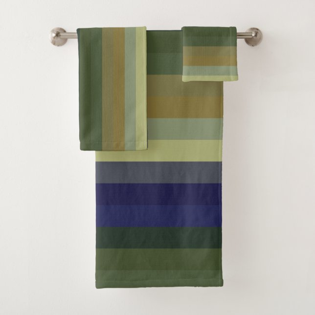 Muted Sage Blues & Olive Green Stripes  Bath Towel Set (Insitu)