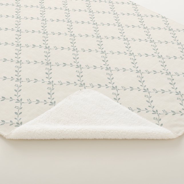 Muted Sage Floral Trellis Block Print Pattern Sherpa Blanket (3/4)