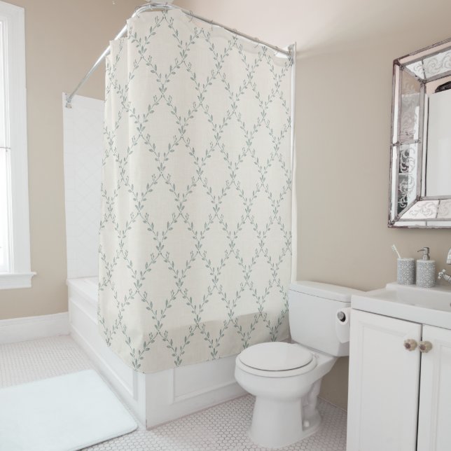 Muted Sage Floral Trellis Block Print Pattern Shower Curtain (In Situ)