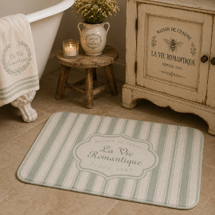 Muted Sage French Country Stripes   Vintage Rustic Bath Mat
