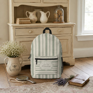 Muted Sage French Country Stripes Vintage Rustic Printed Backpack