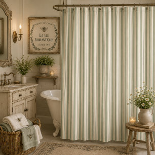 Muted Sage French Country Stripes   Vintage Rustic Shower Curtain