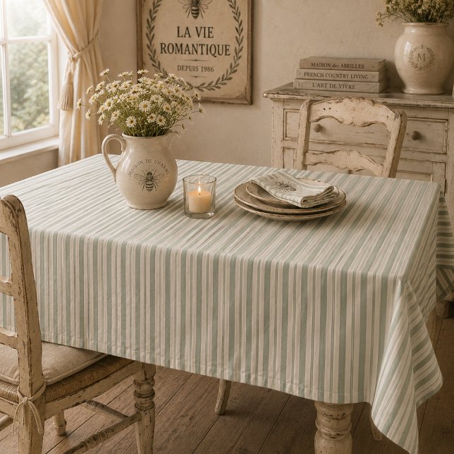 Muted Sage French Country Stripes | Vintage Rustic Tablecloth (Creator Uploaded)