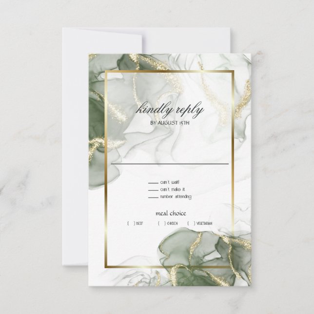 Muted Sage Gold Marbled RSVP Card (Front)