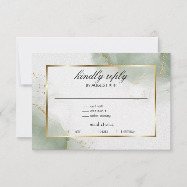 Muted Sage Gold Marbled RSVP Card (Front)