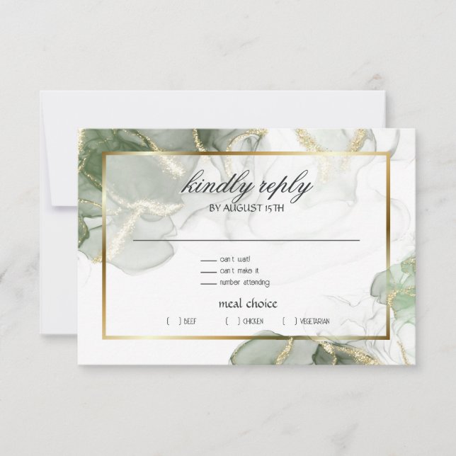 Muted Sage Gold Marbled RSVP Card (Front)